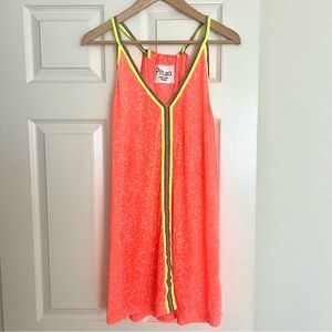 Pitusa ‘Mini Sundress’ Neon Coral Cover-up with Yellow Trim, NWT, OSFA